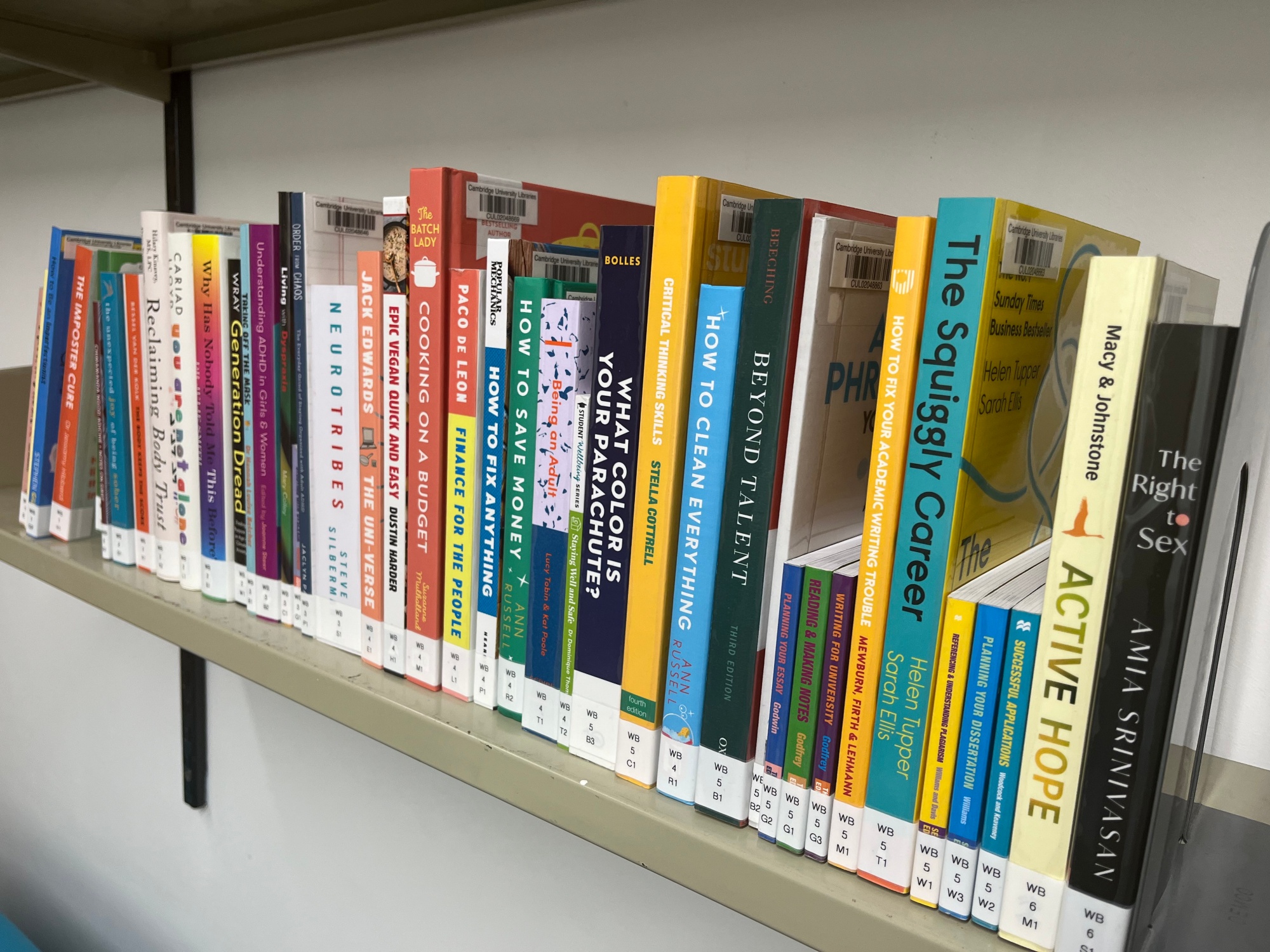 Photo of shelf containing brightly coloured books. 